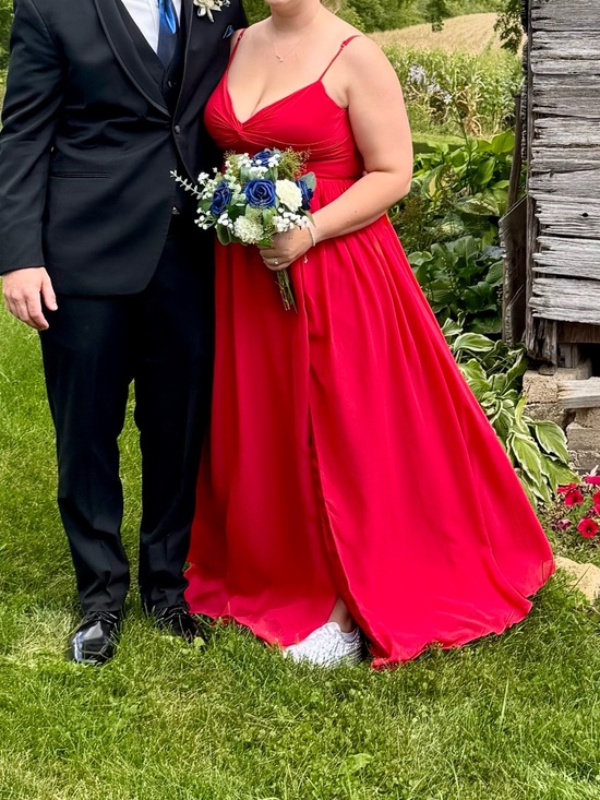 Unaltered Azazie Zeya A14 in Scarlet Spaghetti Strap Bridesmaid Maxi Dress - Picture 14 of 16